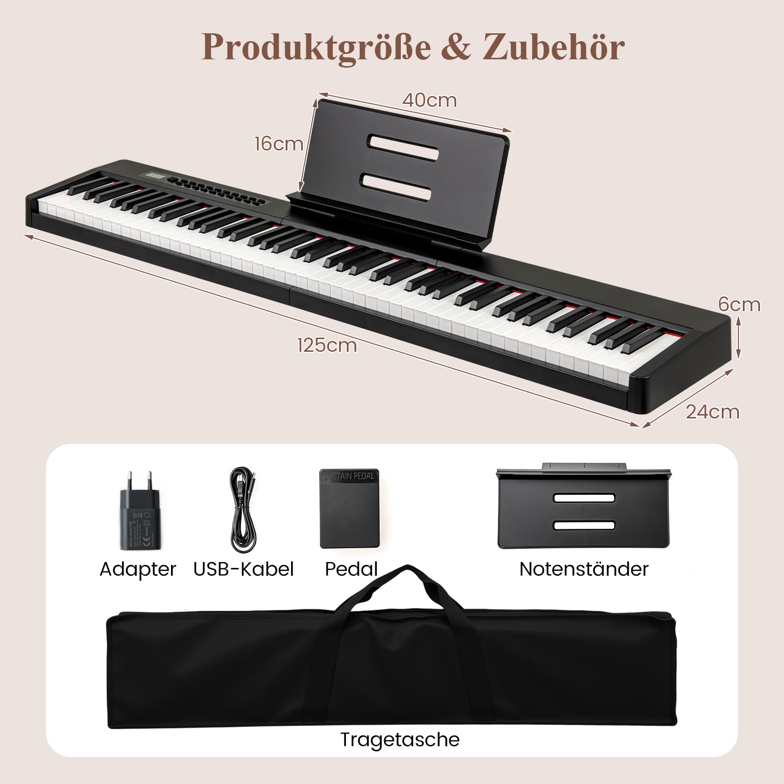 COSTWAY Keyboard Piano 88 Tasten, Digitales Klavier mit MIDI, Sustain Pedal, Musikständer & Tragetasche, E-Piano tragbar für Anfänger, Kinder, Erwachsene (Schwarz)