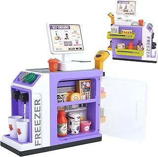 Pack of 46 Children's Play Till with Scanner and Play Money, Cash Register Toy, Toy Till that Can Release Water, Role Play Toy for Children 3 4 5 Years (Purple)