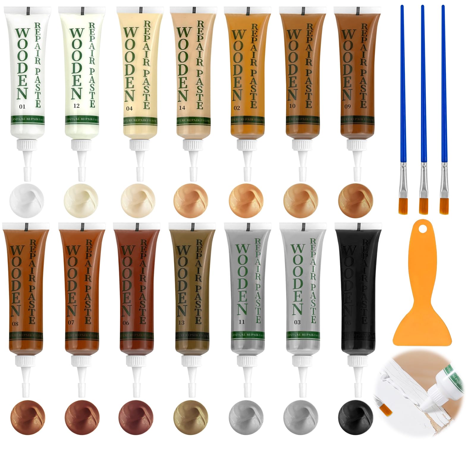 kit riparazione legno, Kit di riparazione di mobili 14 Colore, Stucco per legno riempitivo, Stucco per Legno, Set di riparazione in laminato, Kit Riparazione Mobili in Legno di Graffi, Crepe, Macchie