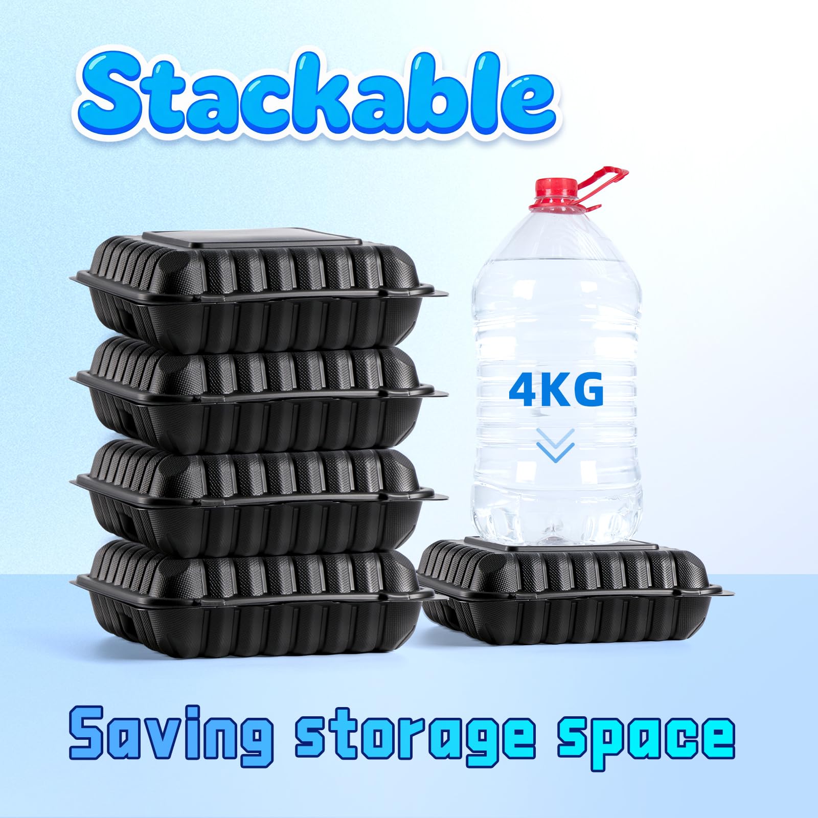 YANGRUI Contenedores de alimentos Clamshell, 3 compartimentos, paquete de 55 recipientes de 8 pulgadas para llevar, sin BPA, aptos para microondas, congelador, plástico con bisagras