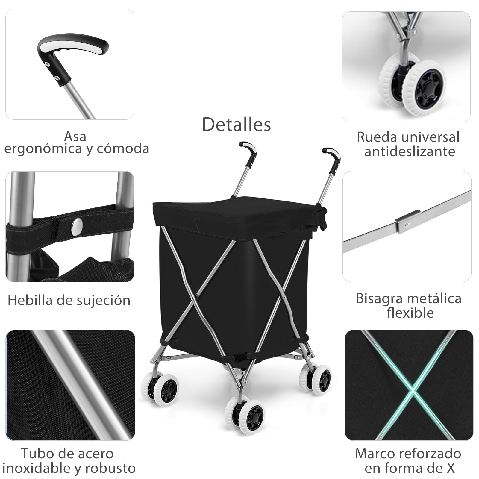SOARS Carro de la Compra de Tela Oxford 90 L, Carro Compra 4 Ruedas Flexibles, Forro Extraíble e Impermeable, Carretilla Plegable para Supermercados, Ferias y Puestos de Venta (Negro)