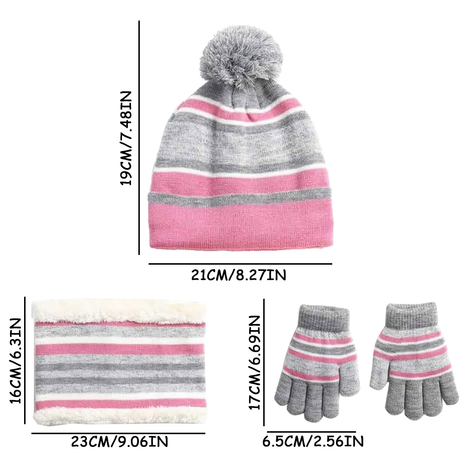 Dziecięca czapka zimowa w paski, dzianinowa czapka beanie, komin, szalik, rękawiczki, zestaw z grubą podszewką z polaru, bawełna, dzianina termiczna, pompon, czapka ocieplacz na szyję, dla
