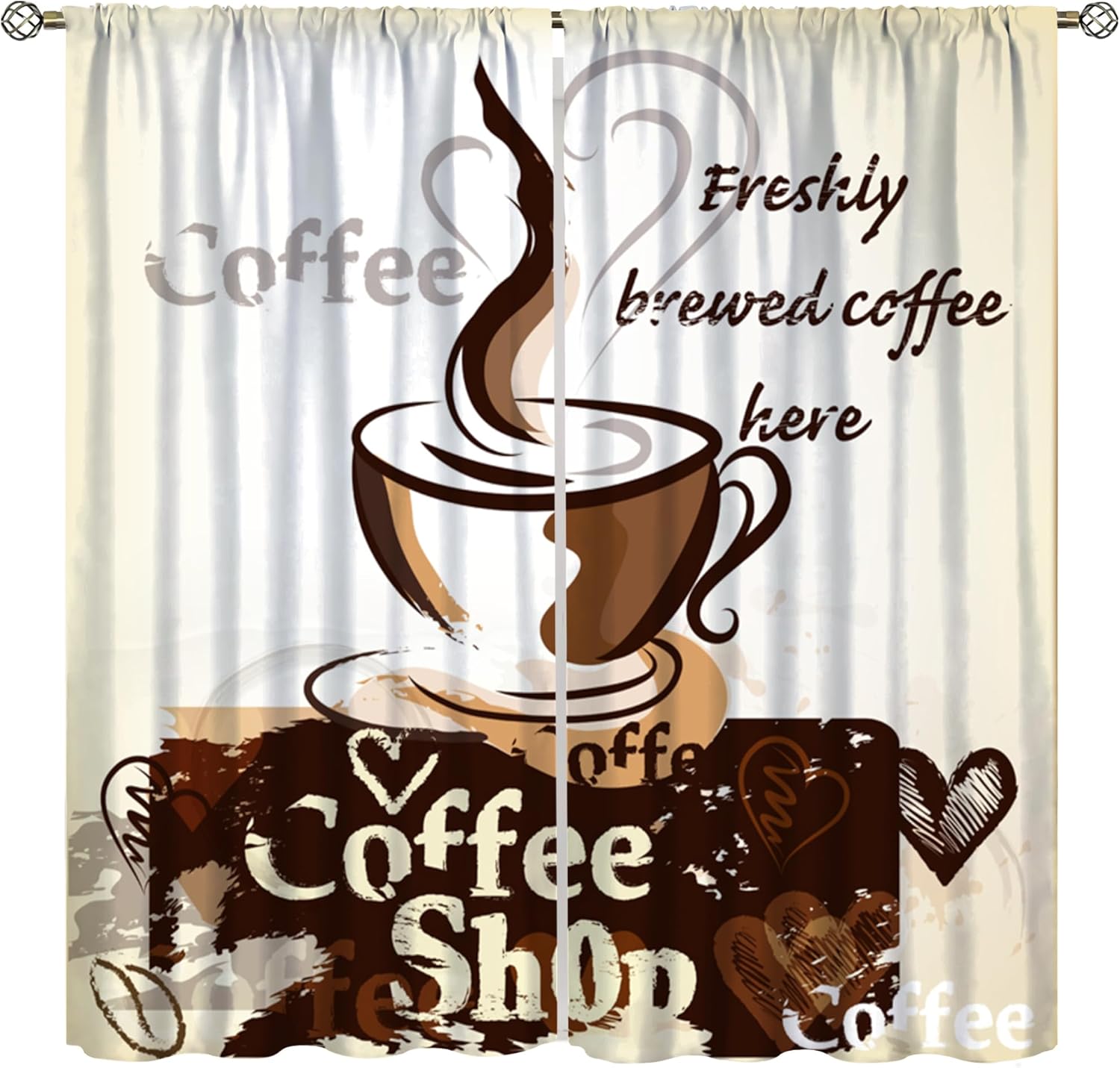 Coffee Curtains for Kitchen Window Treatments, Coffee Theme Latte Tea Cup Kitchen Curtains for Living Room,Cafe Brown Drapes 2 Panel Sets 42x54 Inch