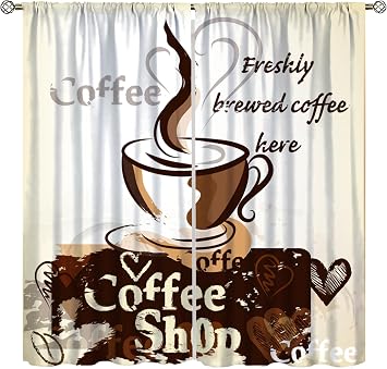 ShiTingYu Coffee Curtains for Kitchen Window Treatments, Coffee Theme Latte Tea Cup Kitchen Curtains for Living Room,Cafe Brown Drapes 2 Panel Sets 42x63 Inch