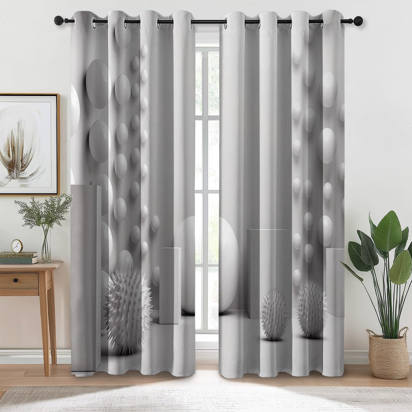 Rideaux Isolants 110L X 215H cm (2 Panneaux), Motifs Minimalisme Moderne Géométrie 3D, Tenture Opaque Gris Clair pour Grande Chambre Blanc