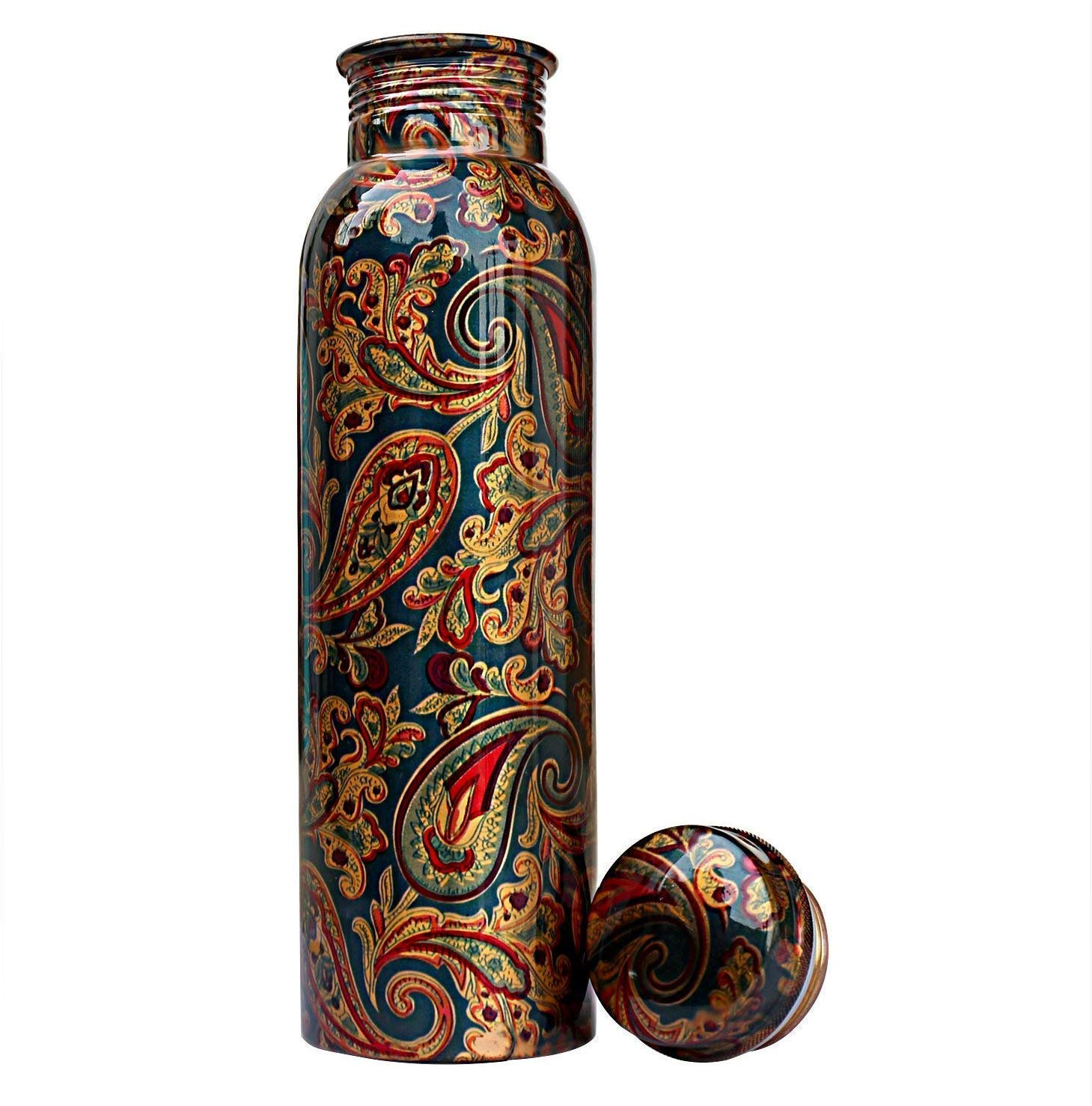 920 ML Copper Water Bottle Leak Proof Color Design Ayurveda Health Benefit Handmade Sports Fitness Yoga Home Office Hotel Gift Bottle Traveller's Joint Free 34 OZ (Green Color Design)
