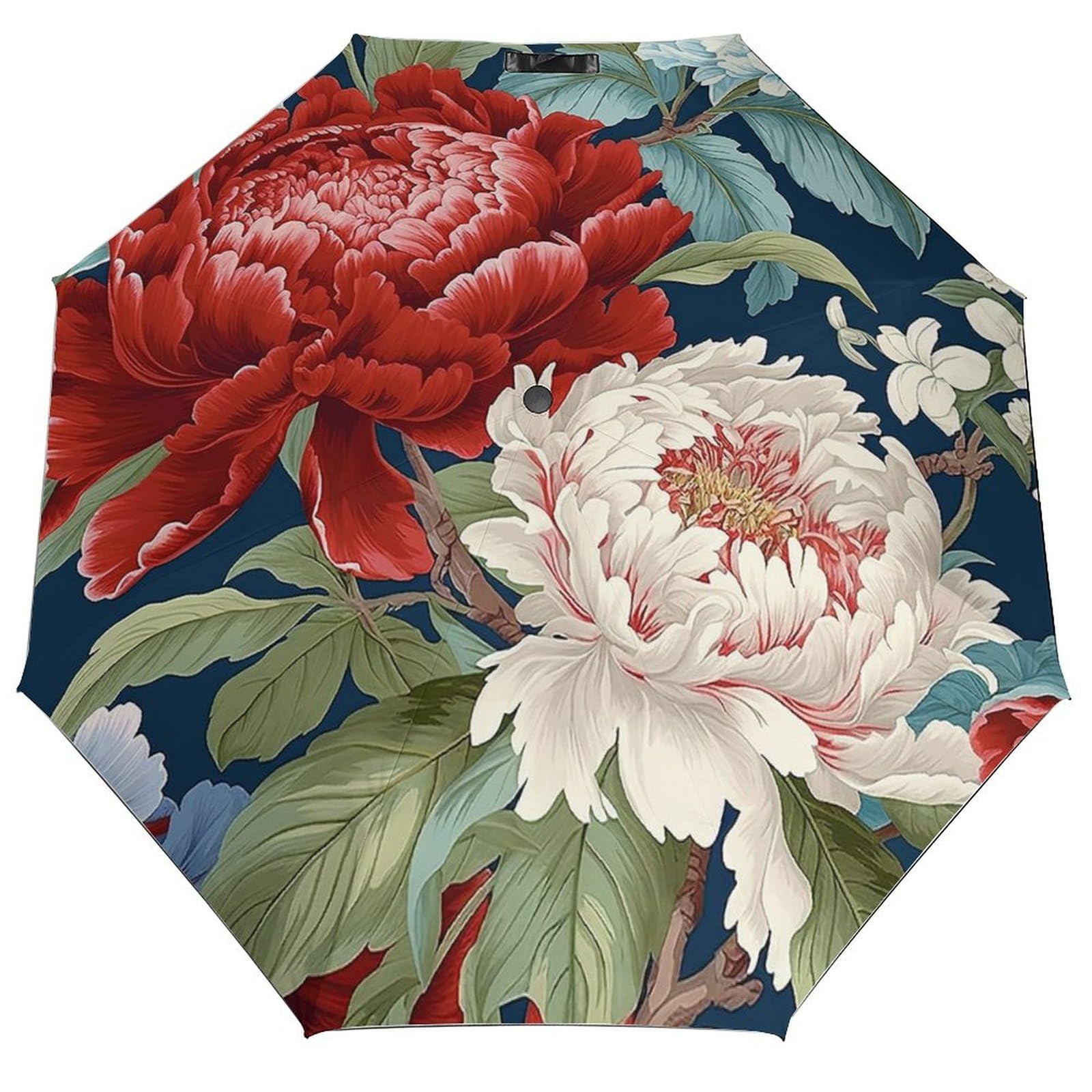 UFunhome Umbrellas Chinoiserie Honshu Coral Peony Floral Umbrellas for Rain Compact Floral Botanical Painting Umbrella Manual Wind Resistant Easily Collapsible Umbrella For Men And Women