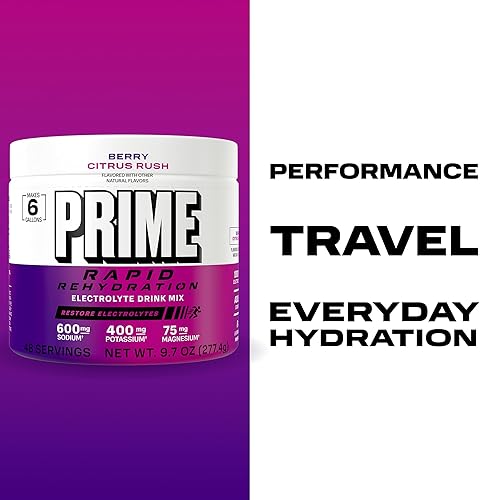 Miniatura 5 de Prime Rapid - Electrolito en polvo de rehidratación, Berry Citrus Rush, mezcla de bebida de hidratación sin azúcar con sodio, potasio, magnesio y