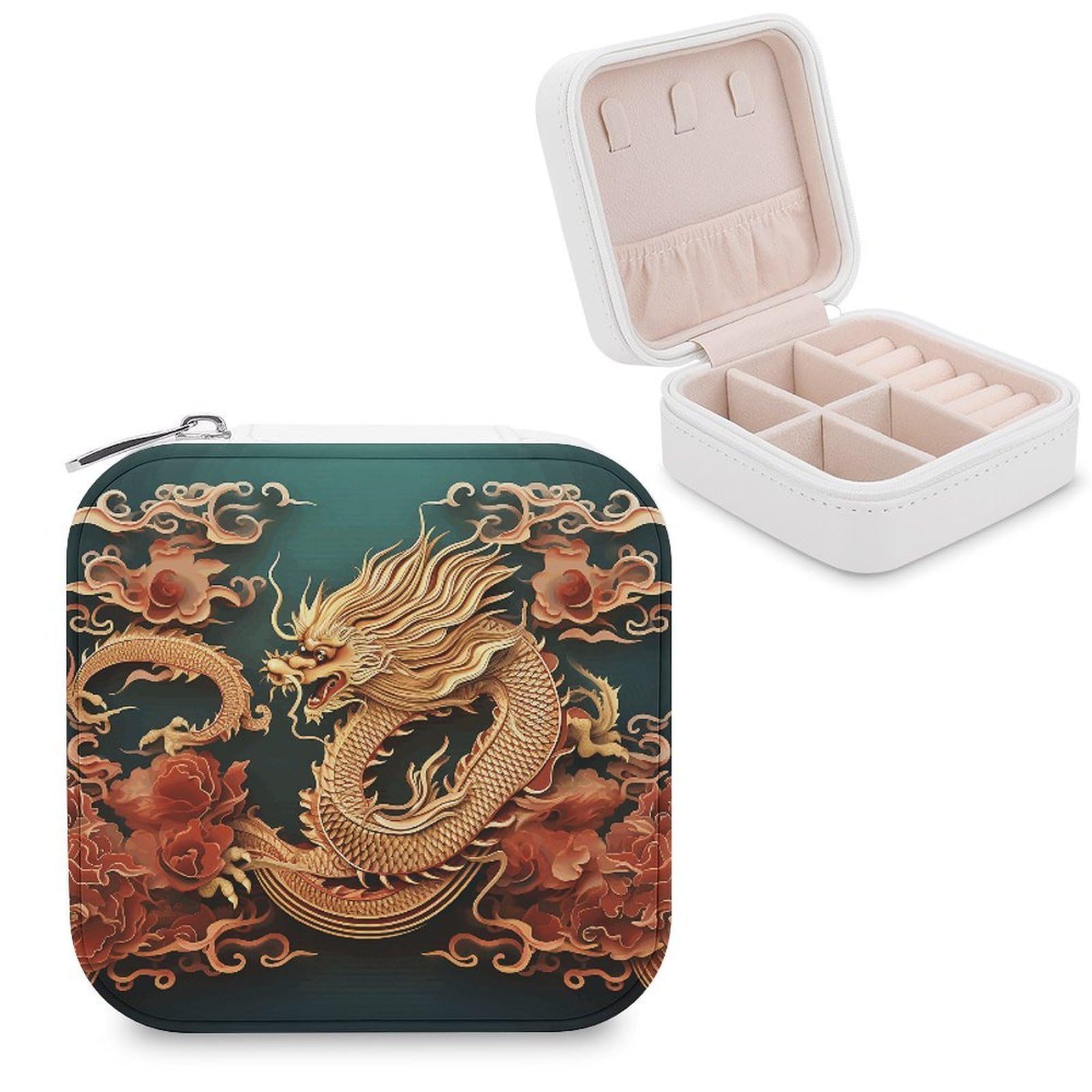 VstaDank Dragon Chinese Background Jewelry Box Exquisite Leather Jewelry Organizer Portable Trinket Organizer Fashion Travel Jewelry Case for Rings Earrings Necklaces Unique Gifts for Women