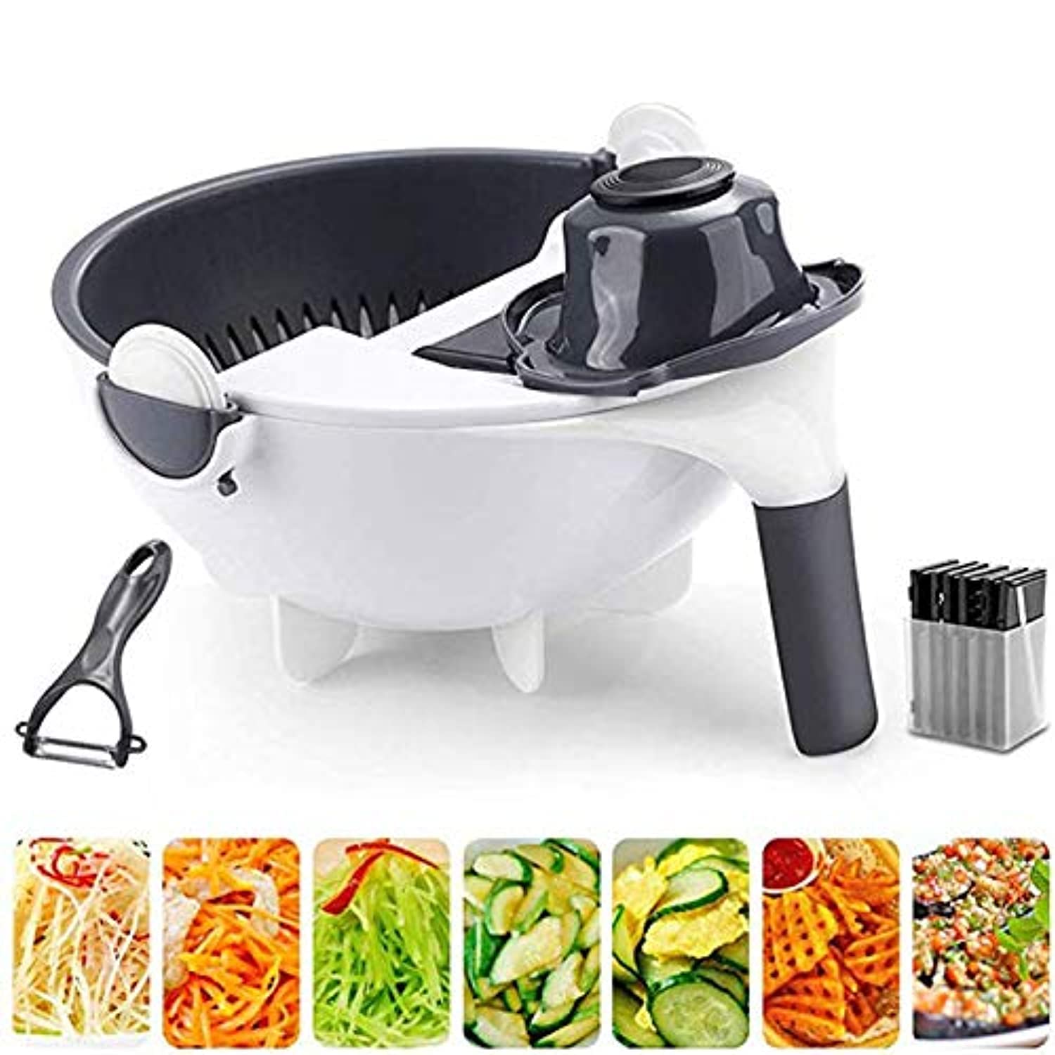 SHOWAY Magic Multifunctional Rotate Vegetable Cutter With Drain Basket Kitchen Veggie Fruit Shredder Grater Slicer