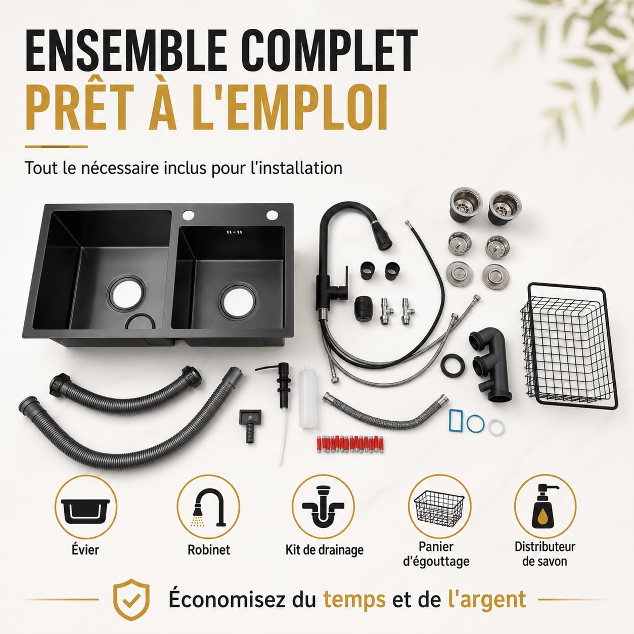 Évier de Cuisine Autoportant, 2 Bacs avec Meuble Bas et Robinet Extractible | 75 × 41 × 78 cm, acier inoxydable 201, égouttoir, bonde et rangement intégré pour cuisine, restaurant ou buanderie