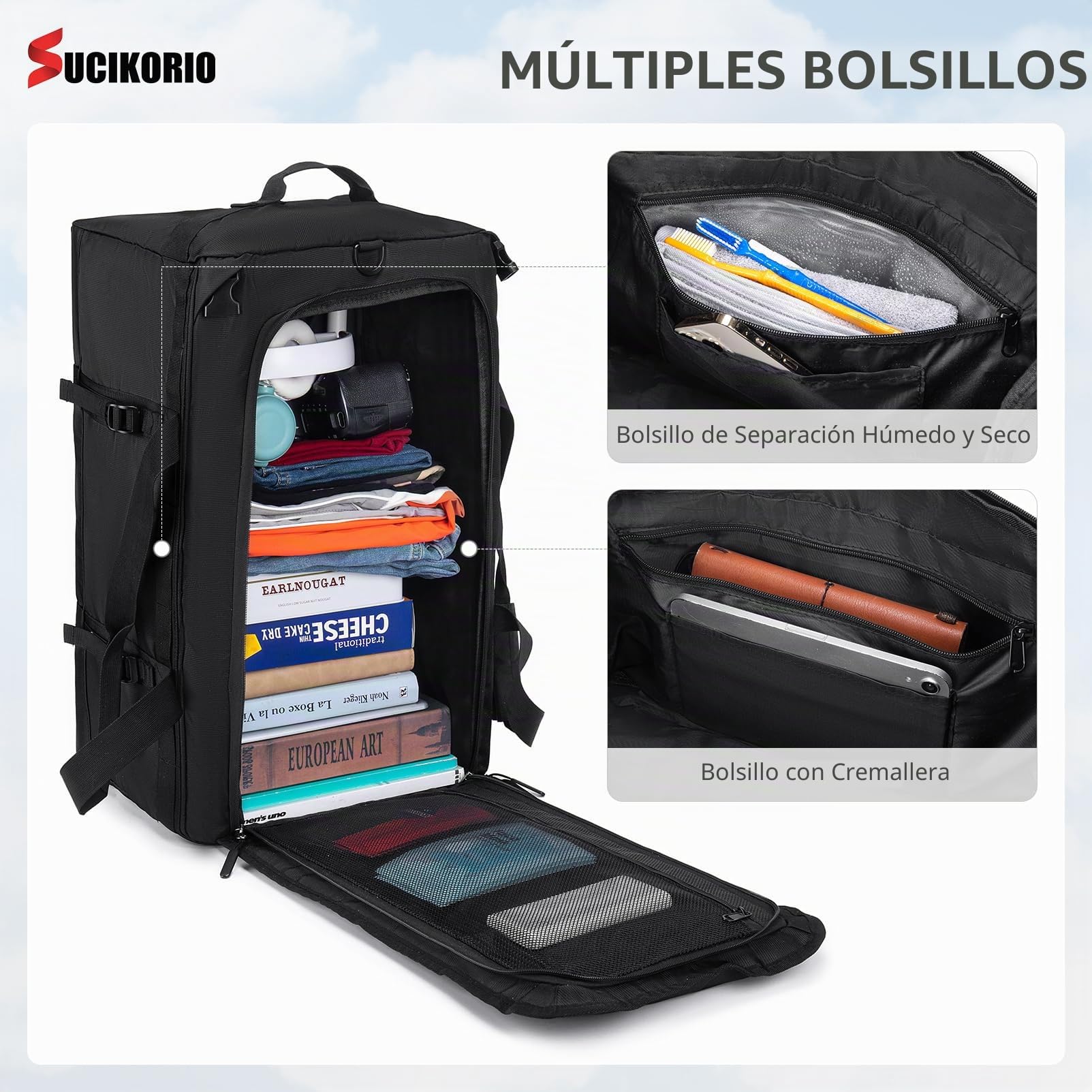 55x35x25cm KLM Bolsa Viaje Cabina Avion, 3 IN 1 Mochila Viaje Cabina Avion Impermeable Bolso de Mano Viaje Grande 50L Maleta Cabinas Travel Bag Bolsa Deporte con Bolsa Húmeda Mujer Hombre