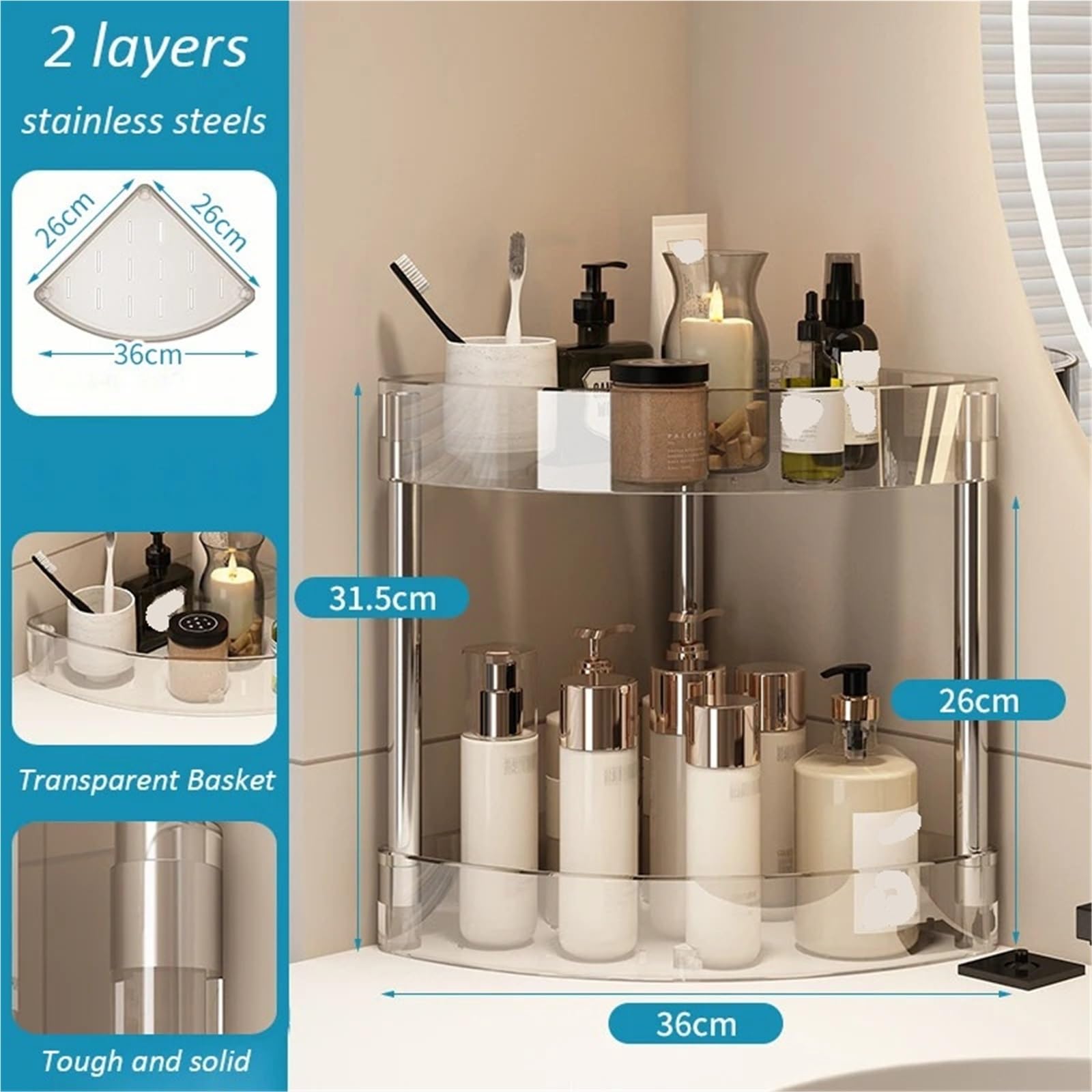 Mensola doccia Scaffale da bagno trasparente multistrato, scaffale for lavabo, carrello portaoggetti, WC angolare salvaspazio facile spostare per Casa(2 Layer No wheel)