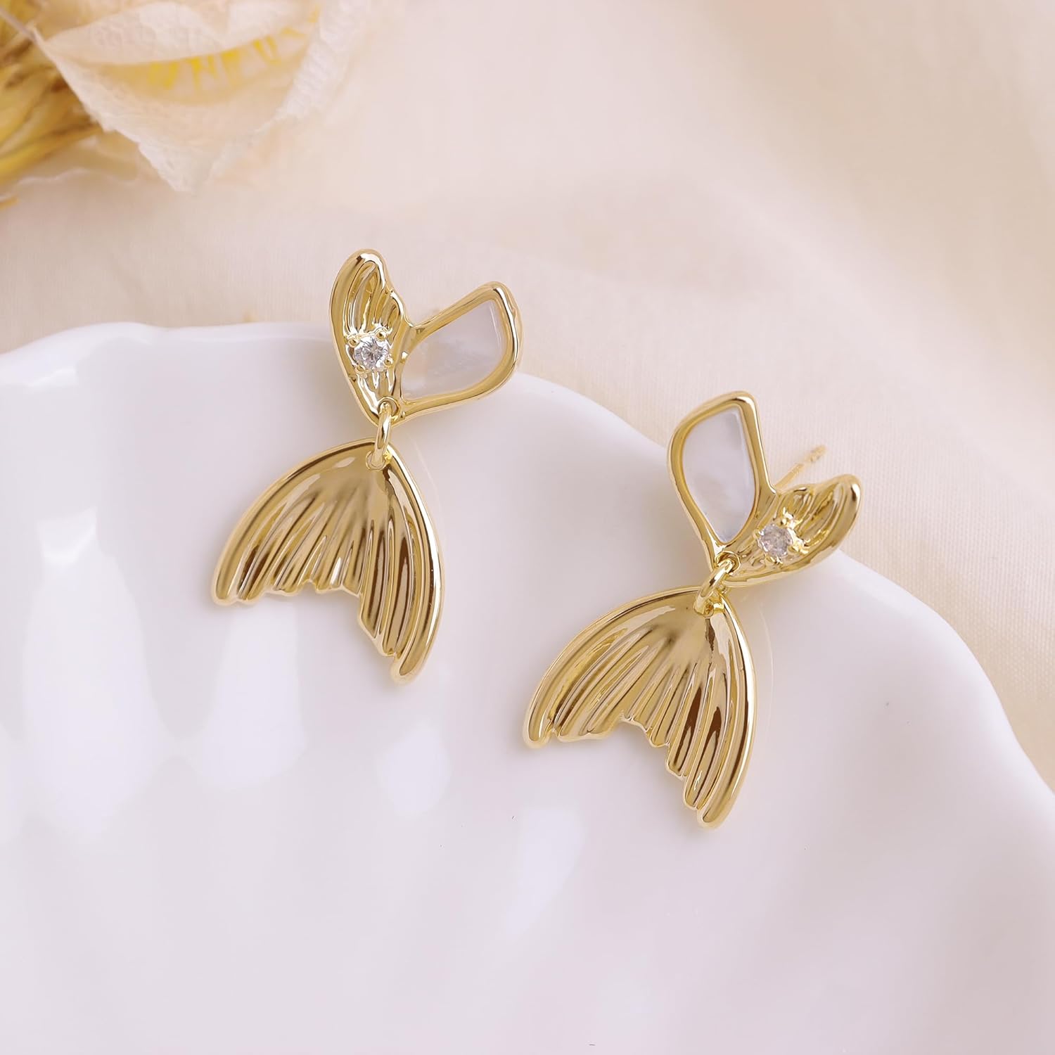 Jean Beau Gold Mermaid Tail Dangle Drop Stud Earrings for Women, Trendy Dainty Rhinestone Fish Tail Dangling Earring Prom Ocean Sea Jewelry Gift - Image 6