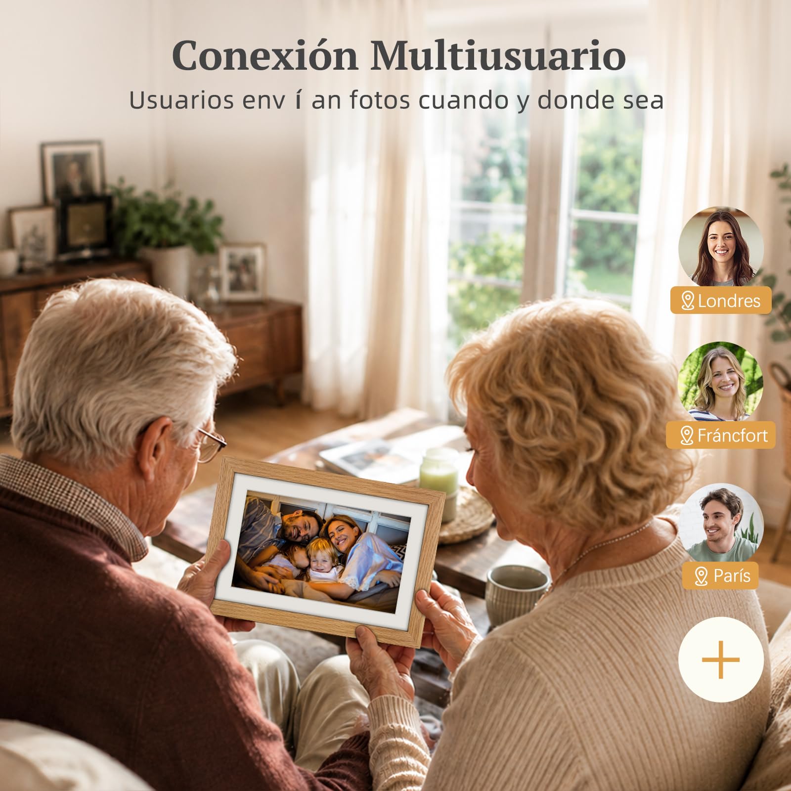 Marco de Fotos Digital WiFi Madera de Roble con 32GB Memoria, Marco Digital 10.1" con Pantalla Táctil IPS HD de 1280 * 800, Comparte Fotos/Videos a Través de la App Frameo, Regalos para Mujer Hombre
