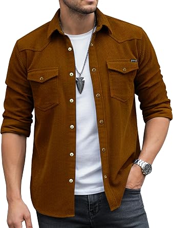 Mens Corduroy Snap Button Down Shirt Jacket Western Long Sleeve Shacket Lightweight Overshirt with Flap Pockets