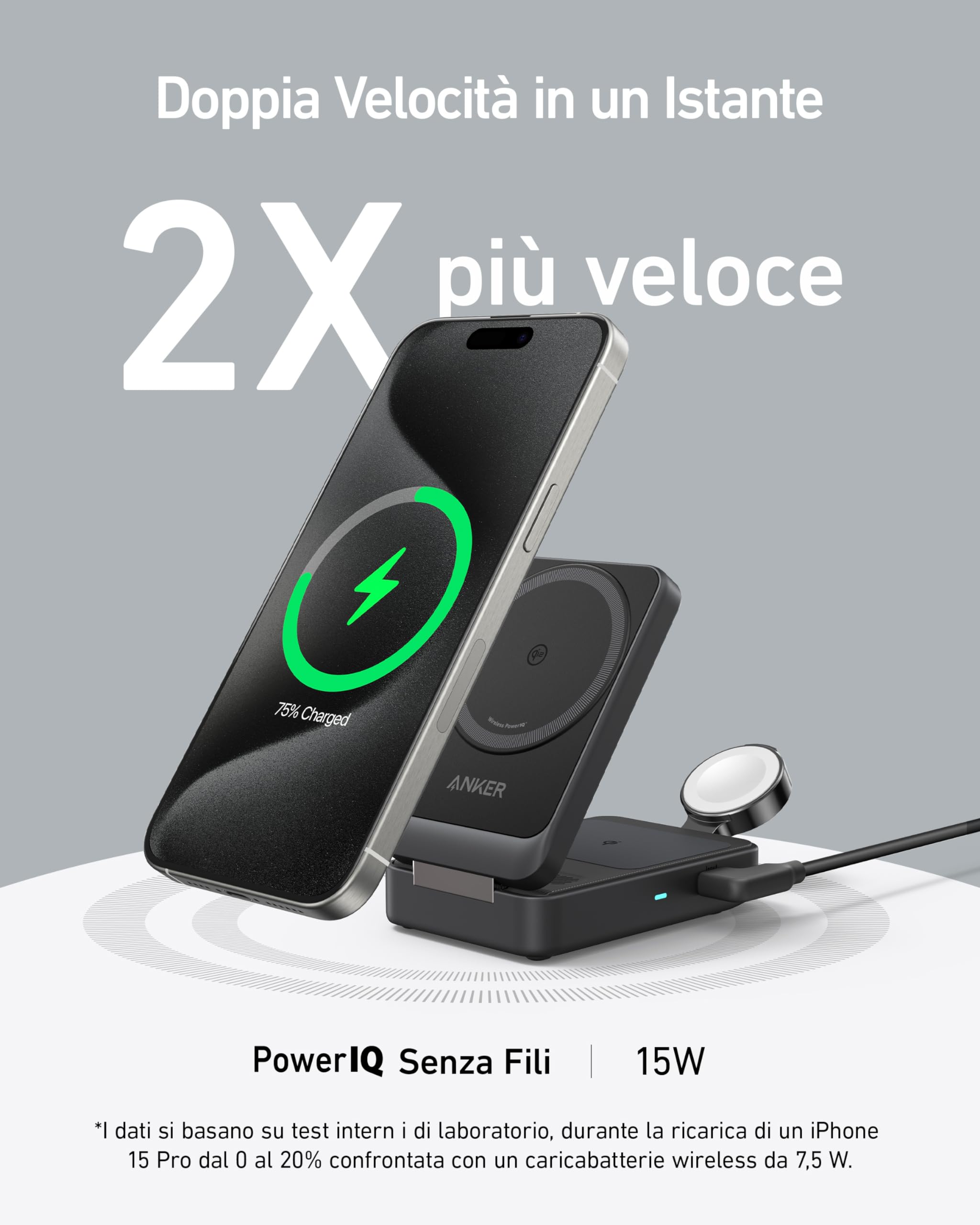 Anker MagGo Caricatore Wireless iPhone 15W, Base di Ricarica 3 in 1 con MagSafe, Certificato Qi2 Ultra-Rapido, per iPhone 17/16/15/14, AirPods Pro, Apple Watch 9/8/SE (Caricatore USB-C da 40W Incluso)