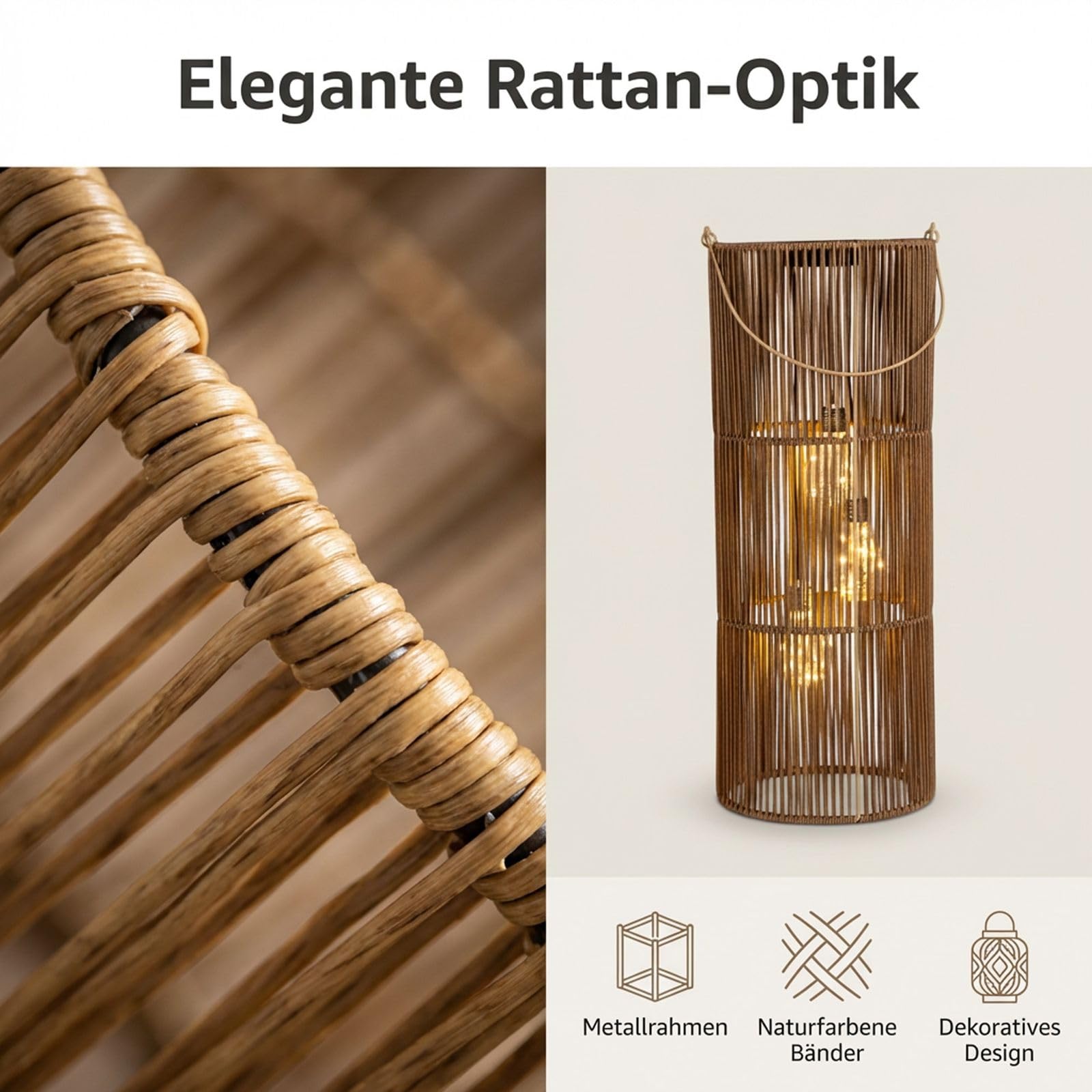 formano Lanterne solaire d'extérieur en rotin - 3 ampoules LED - 55 cm - Lampe solaire avec capteur crépusculaire - IP44 - Lampe solaire décorative pour balcon, terrasse, éclairage extérieur