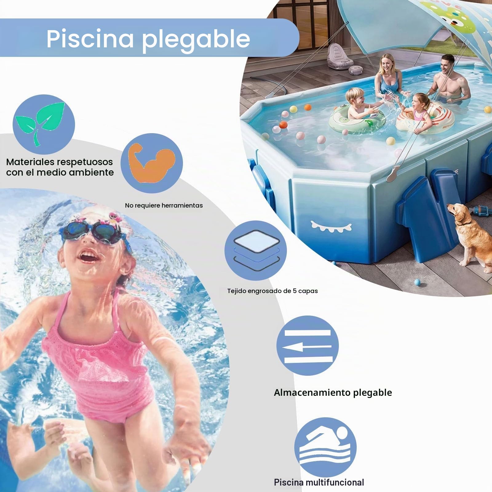 Piscina Plegable Piscina Rectangular Portátil para Jardín De 188-293 Cm Piscina Plegable para Perros Fácil De Guardar Válvula De Drenaje Rápido(210 * 123 * 55cm)