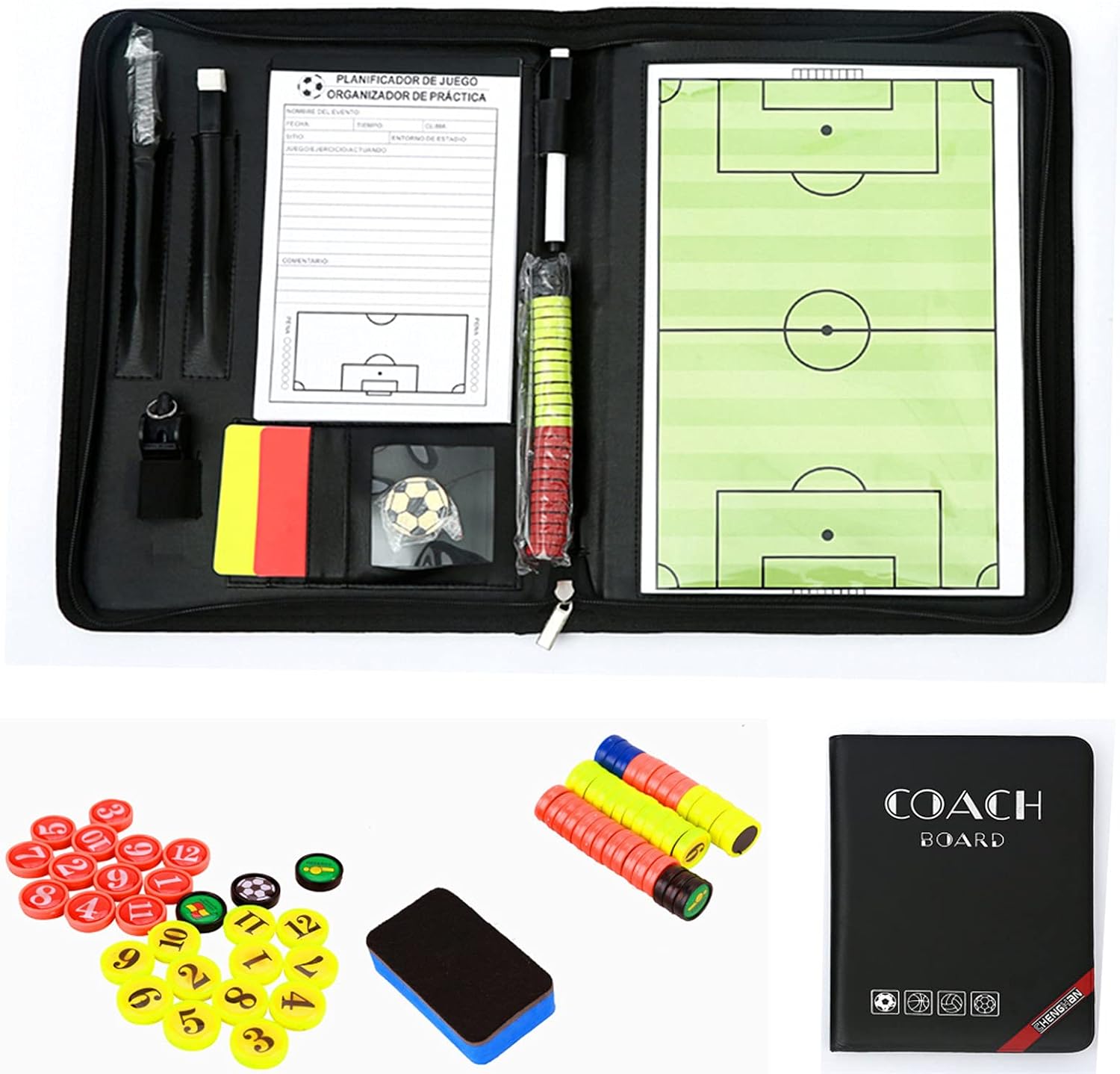 Joyeee Sporting Goods Basketball Coaches Clipboard, Football/Basketball/Volleyball/Handball Coach Board with Marker, Pen, Eraser, Yellow & Red Cards, Soccer Coaching Equipment, 53 x 31 CM