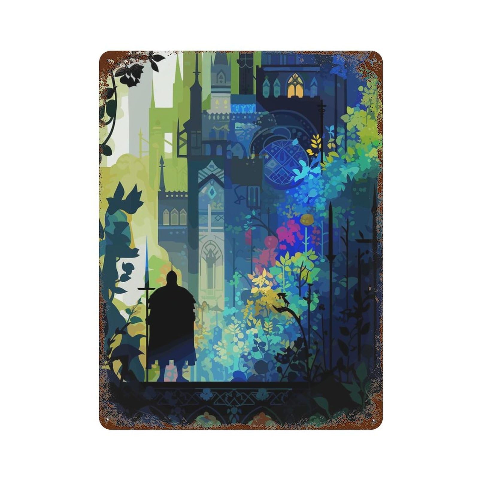 Silhouetted Figure in A Fantasy City Decorative Tin Sign 15.7"x11.8", Vintage Wall Decor for Garage, Pub Or Kitchen