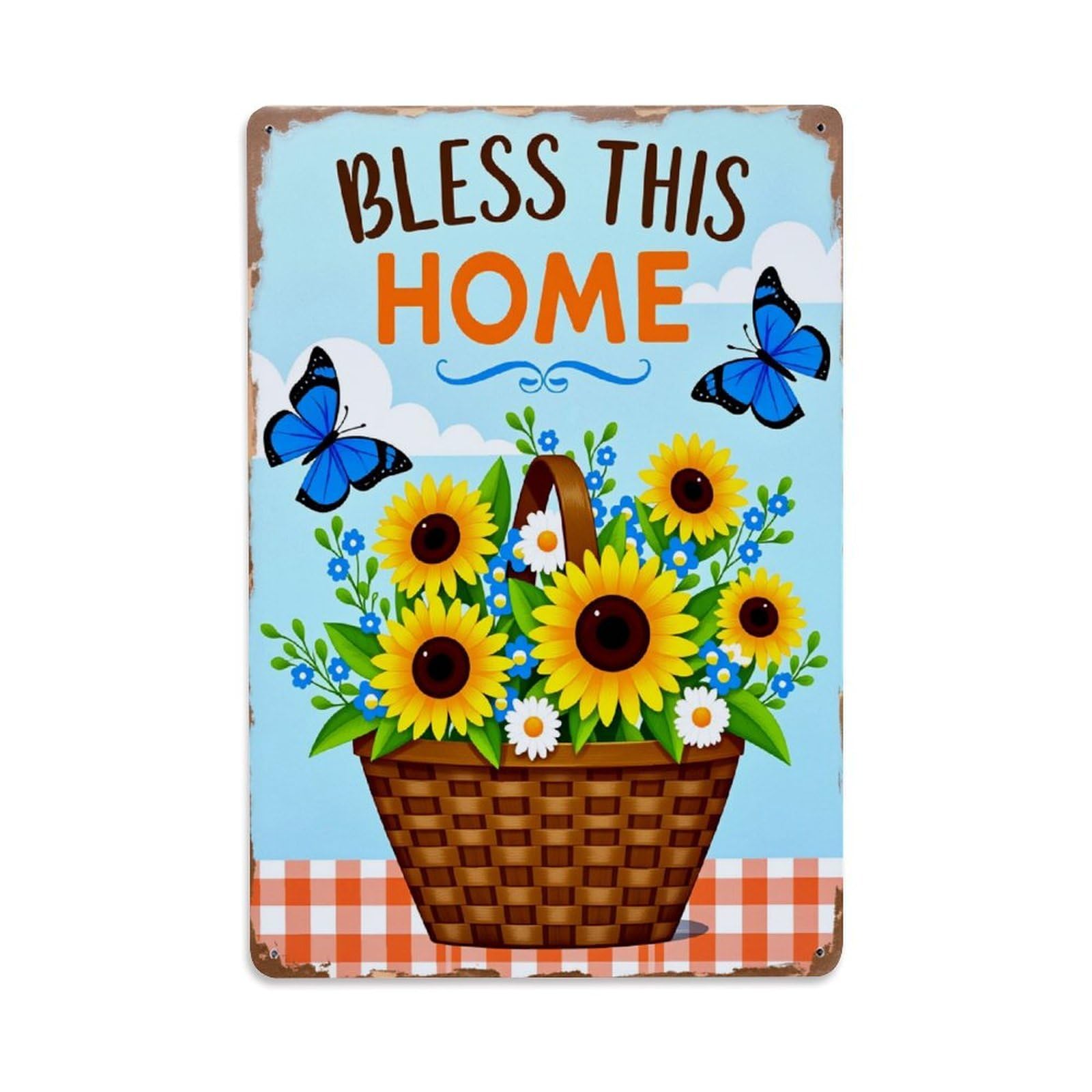 Enderetf Vintage Bless This Home Sunflowers Butterflies Tin Sign Metal Poster, Home Bar Garage Man Cave Cafe Indoor & Outdoor Wall Decoration 8X12inches