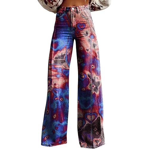 Women's Flare Jeans 2025 Wide Leg Baggy Pant Retro Floral Print High Rise Straight Stretch Jeans with Functional