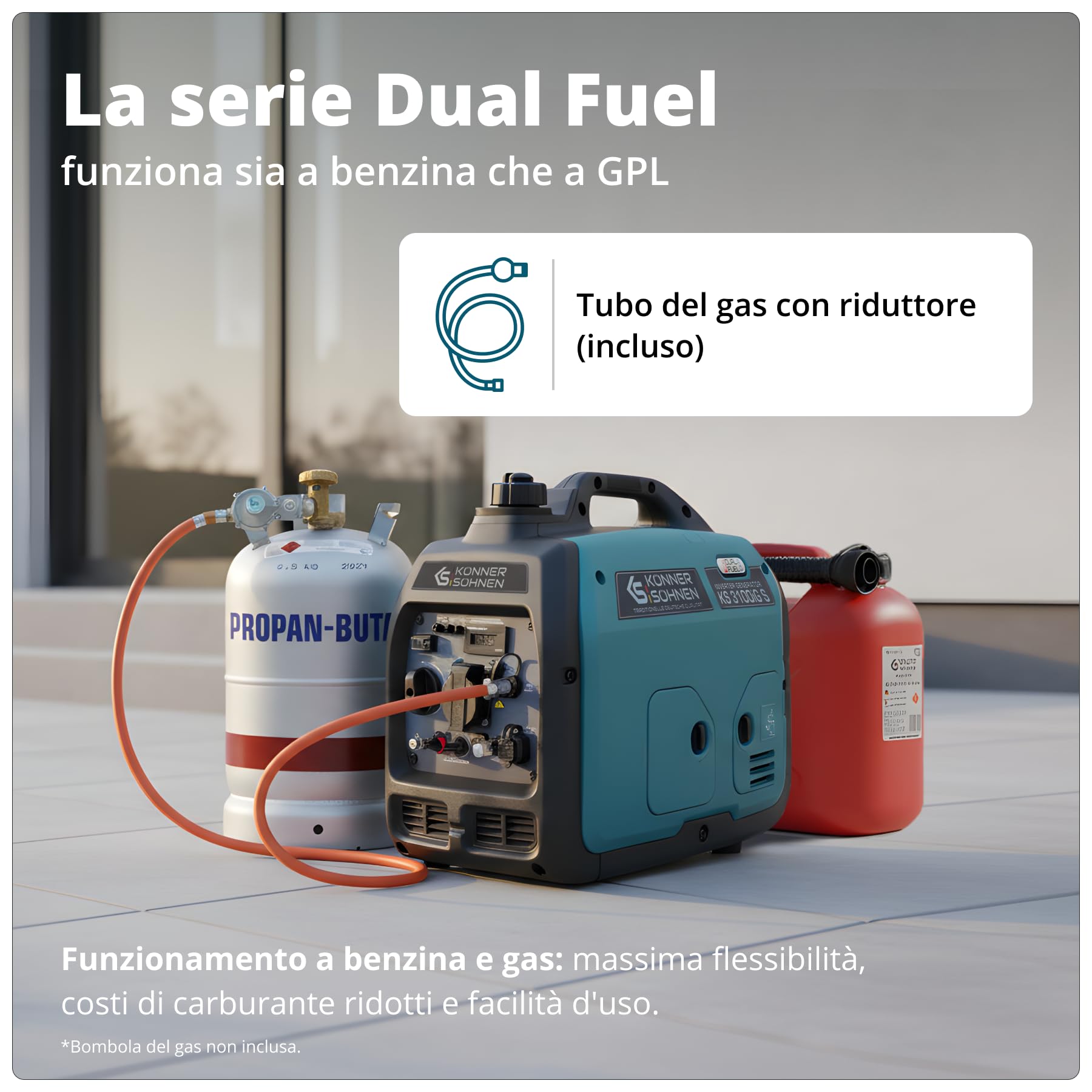Könner&Söhnen Generatore di Corrente Inverter Portatile KS 3100iG S DUAL FUEL Generatore di emergenza 3100 W, presa Schuko 230 V, 2 porte USB, display LED, modalità Eco, generatore Euro V