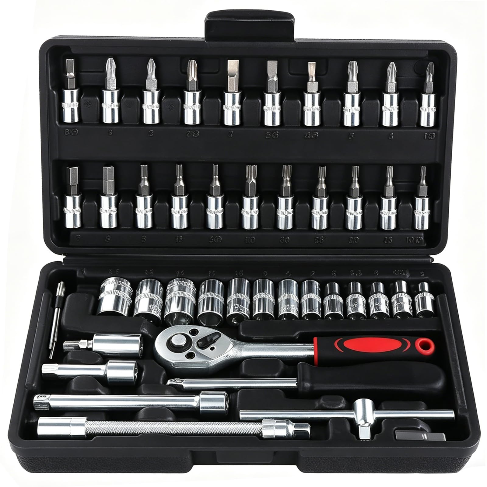 46pcs kit de clé à douille, kit de clé à cliquet, kit de clé à cliquet à douille métrique, outil de réparation de voiture à tête de tournevis 1/4 "(noir)