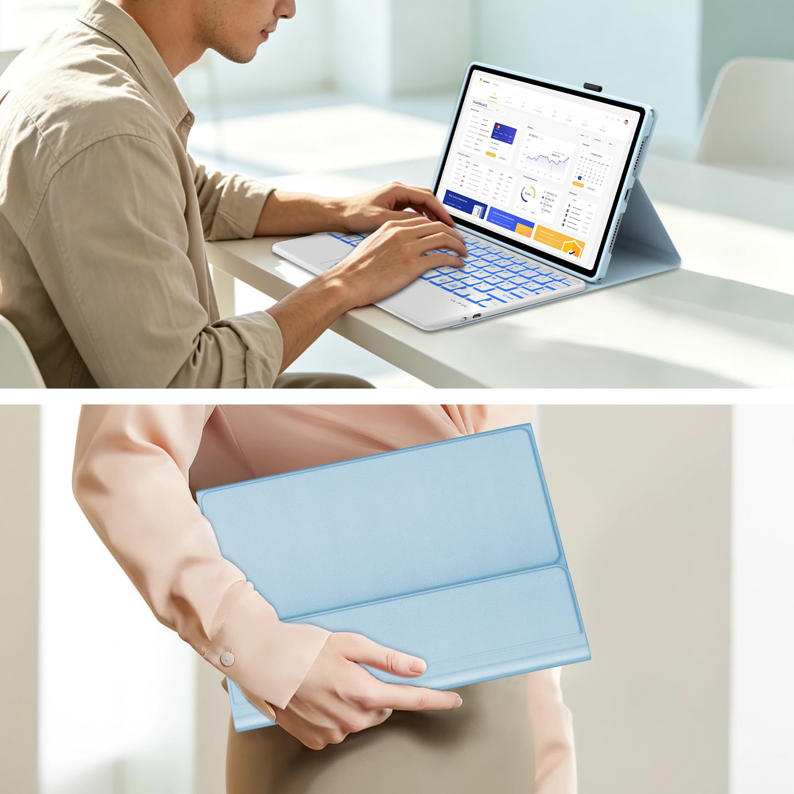 FOGARI Per Lenovo Idea Tab 2025 11/Tab M11 2024 11 Pollici Cover Tastiera | Custodia Tastiera Bluetooth Rimovibile con Retroilluminazione 7 colori e Touchpad, Keyboard Wireless Portatile, Azzurro