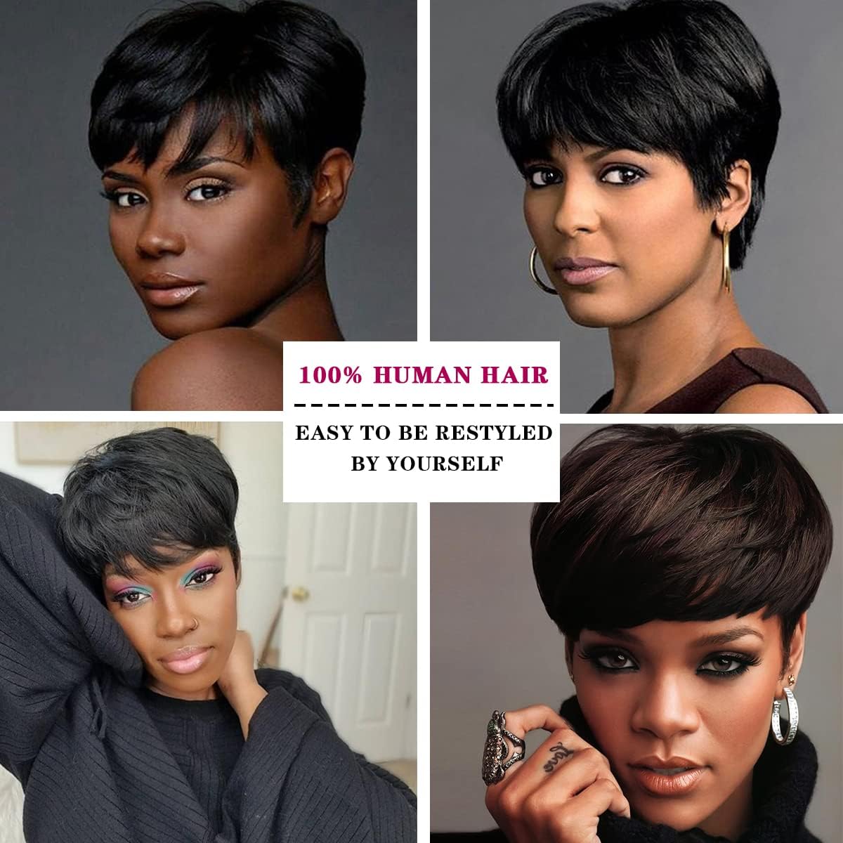Perruque Courte short Pixie Human Hair Wig with Bangs Perruque De Cheveux Humains lisse Brésilienne Cheveux avec Frange Naturelle Perruques pour Femmes (Noir)