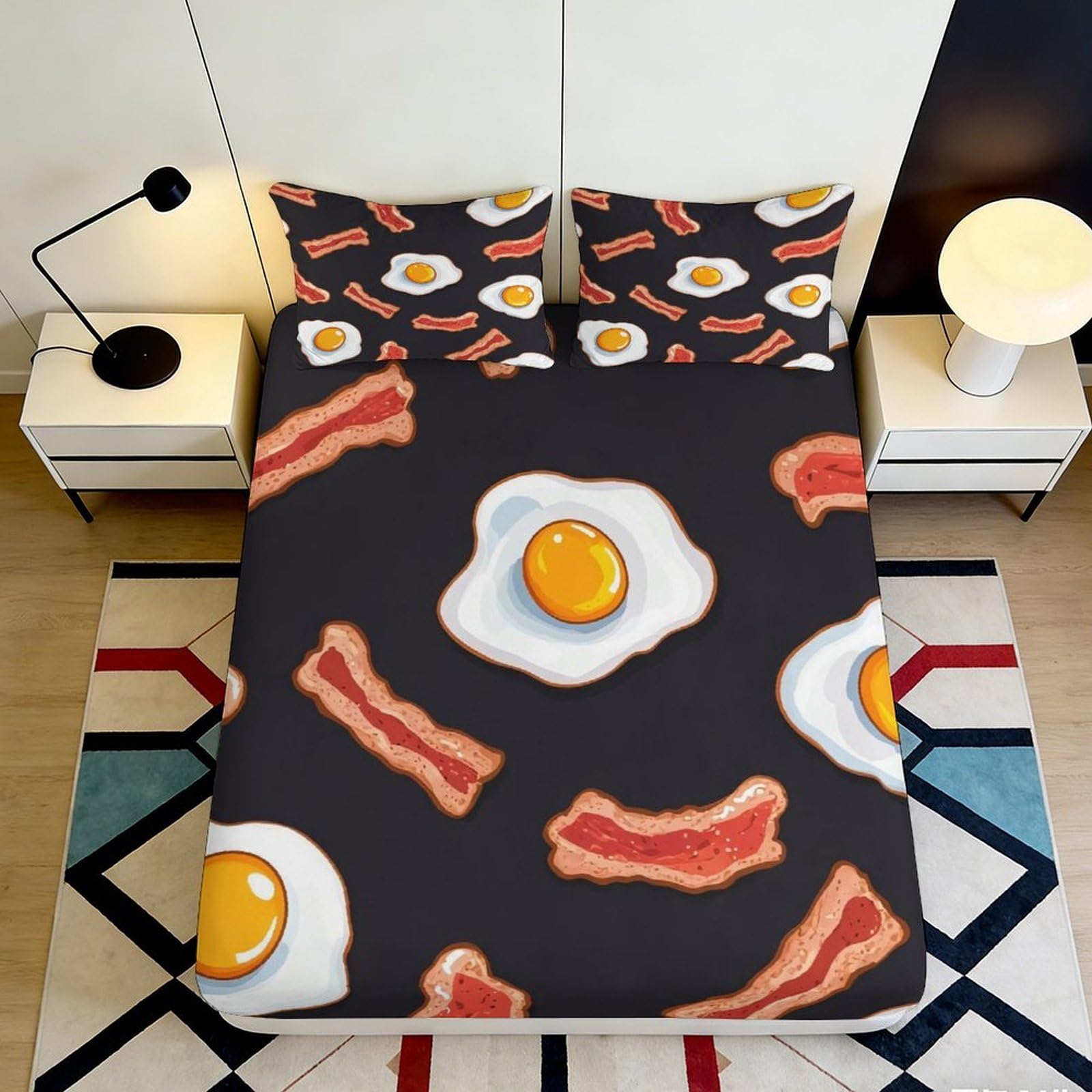 3D Printed Fried Egg Fitted Sheet Microfiber Bacon Bed Sheet for Bedroom Dorm Easy Wash Decorative Mattress Cover 90x200x25cm
