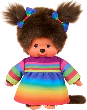 Sekiguchi Original Monchhichi Girl Approx. 20 cm Plush toy with rainbow dress cuddly toy made of brown plush 204090