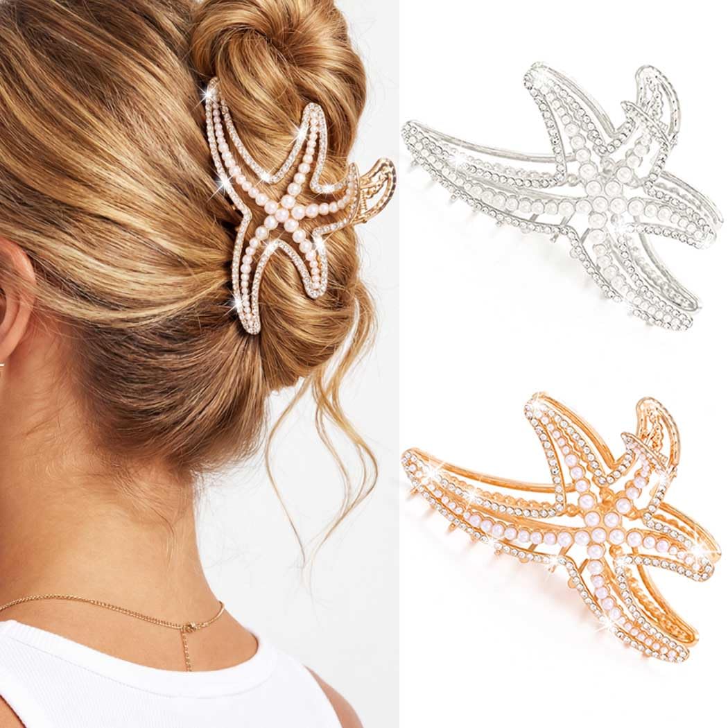 BARTOSI Starfish Claw Clips Gold Metal Hair Clips Large Rhinestone Hair Jaw Clip Beach Hair Accessories for Women and Girls (Pack of 2)