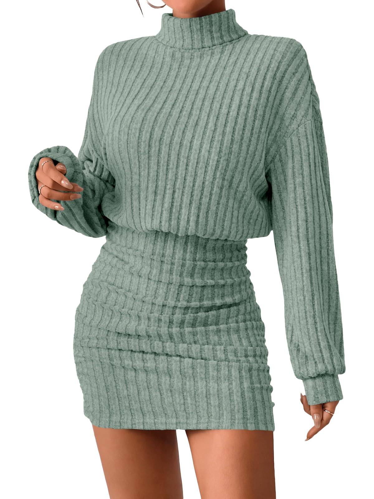 Saodimallsu Damen Strickkleider Minikleid Langarm Rollkragen Kleid Grün M