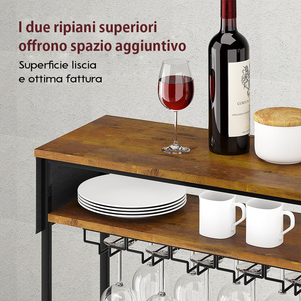 Shally Dogan Portabottiglie da Terra per Vino con 24 Scomparti Porta Bottiglie, 10 Portacalici e 1 Ripiano, Cantinetta Industrial per Angolo Bar con Struttura in Acciaio e Ripiani in Legno 66x30x100cm