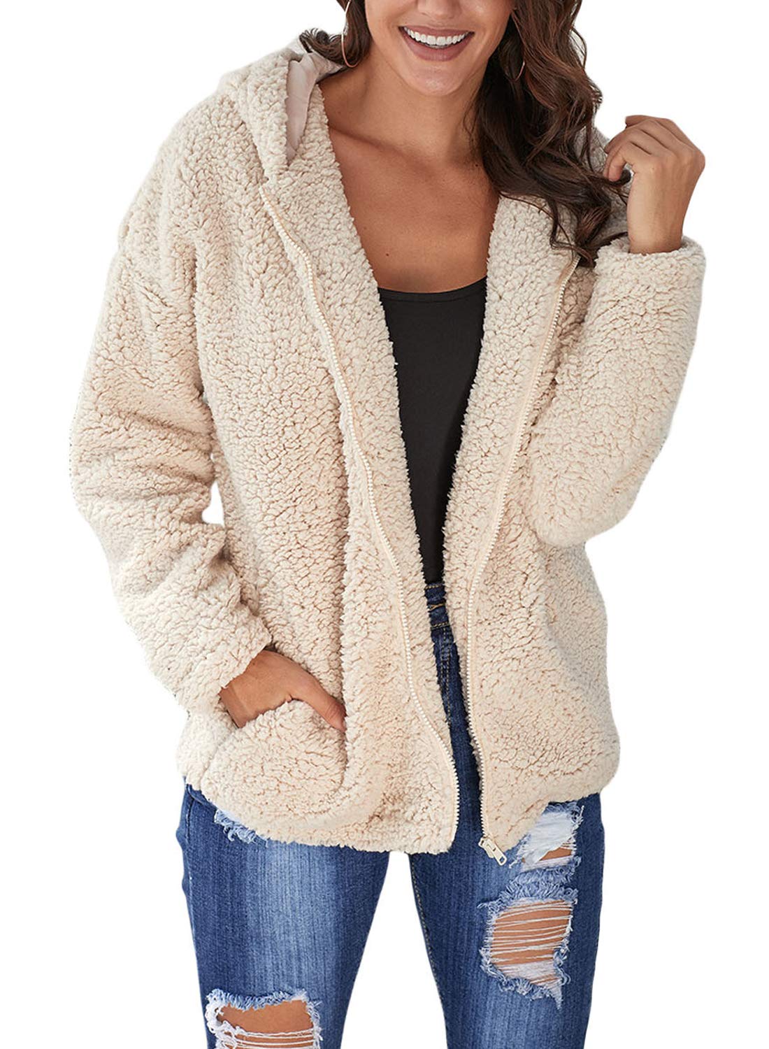 DokotooWomens Long Sleeve Solid Fuzzy Fleece Open Front Hooded Cardigans Jacket Coats Outwear with Pocket