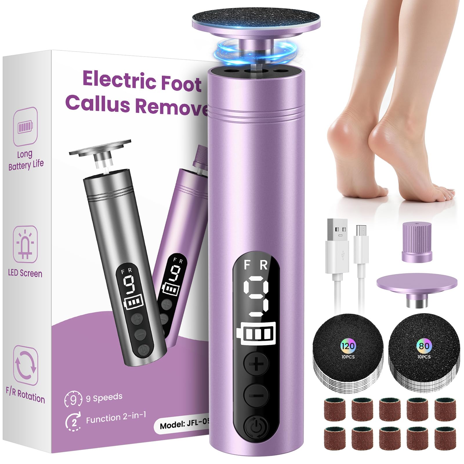 Rapeuse Pieds Électrique Puissante, 2-en-1 Ponceuse Pieds et Lime Ongles avec Écran LED, 9 Vitesses, Rechargeable, Kit Pédicure Professionnel pour Callosités, Peaux Mortes et Talons Fissurés, Violet