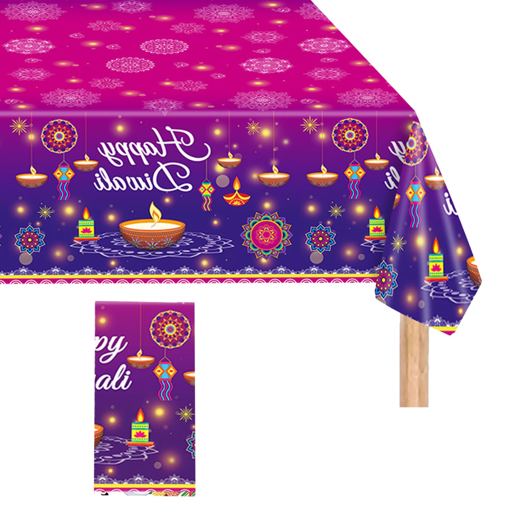Diwali Decorations Table Cloth for House,Disposable Tablecloths Happy Festival Cover Decor Plastic Rectangle Tablecloth,for Indian Deepavali Lights Decor Supplies Party Dining Room Tables 137*274cm
