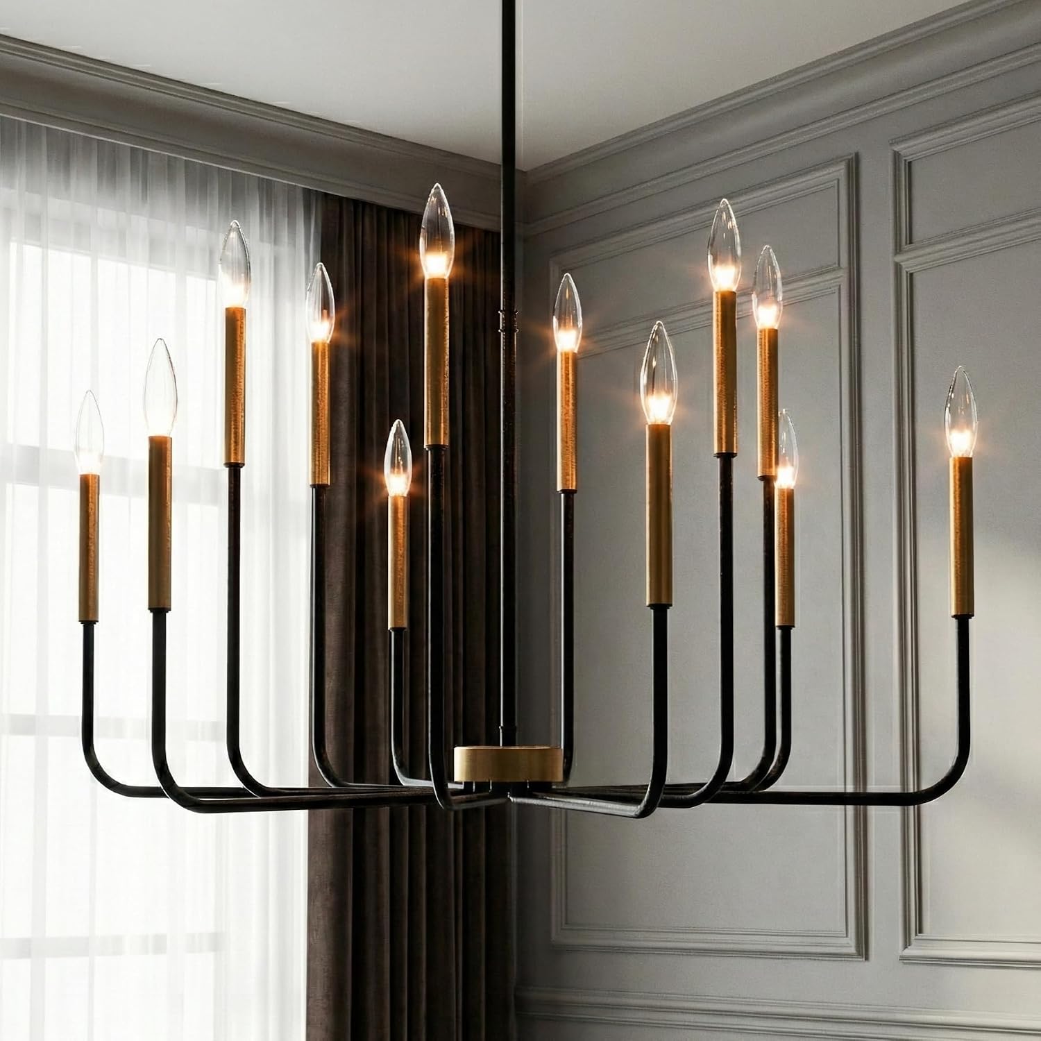Maxax 40" Large Black Farmhouse Chandelier, 12-Light Modern Industrial Candle Pendant Lighting, Matte Black & Gold Metal Ceiling Hanging Fixture for Dining Room Living Room Foyer High Ceilings