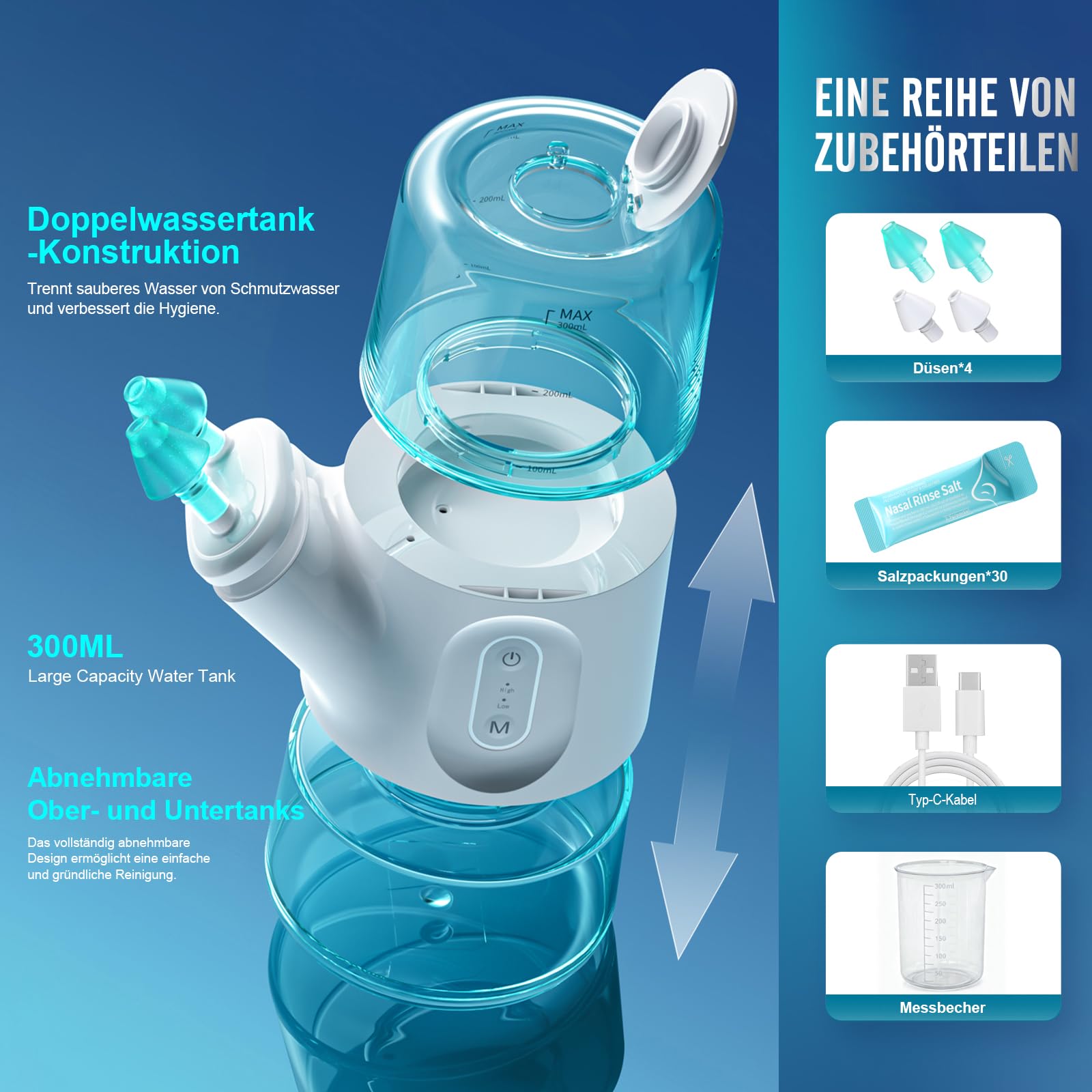 Nasenspülsystem - Sinusspülmaschine mit Dual-Wassertank, automatischer Abfallsammlung & einstellbarem Wasserfluss - Nasenspüler für Allergielinderung, Verstopfung & Nebenhöhlenpflege(297ml)