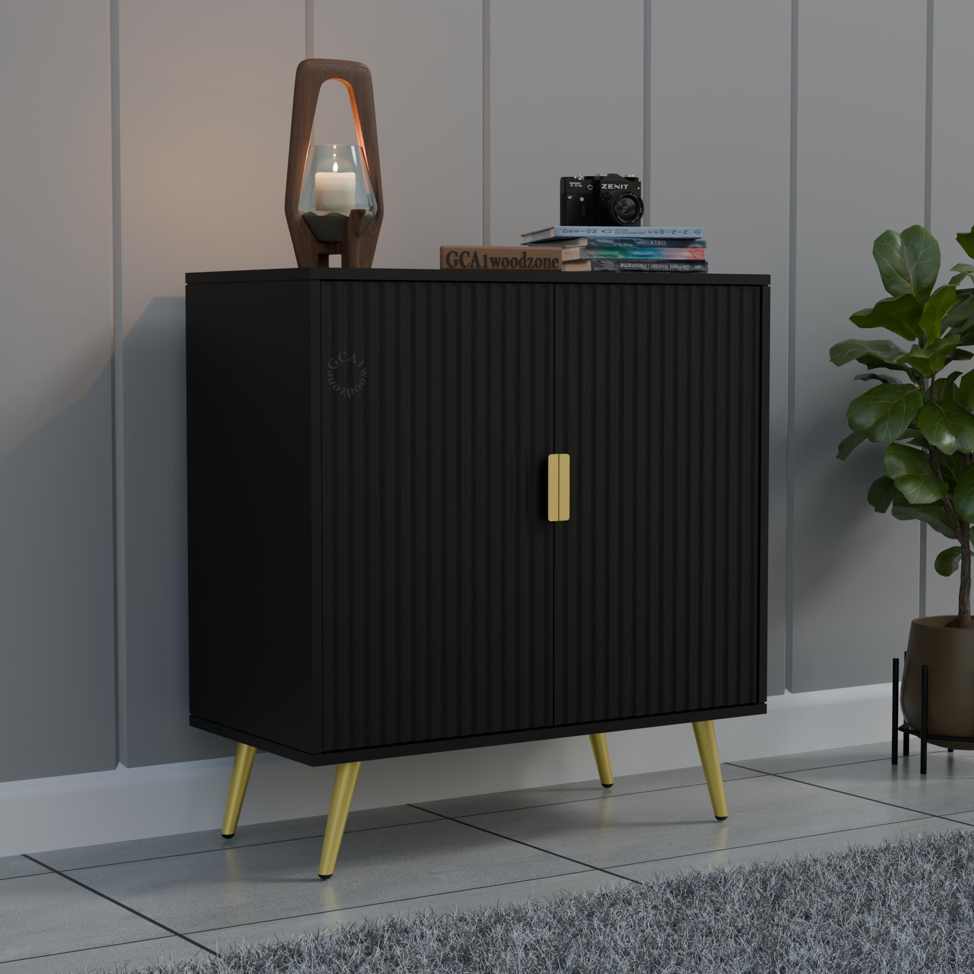 Solid Wooden Sideboard Cabinet for Living Room | Side Board with 2 Doors Cabinet Storage for Dining, Drawing and Home Office | HDMR Premium Wood & Iron, Black & Golden-image-43