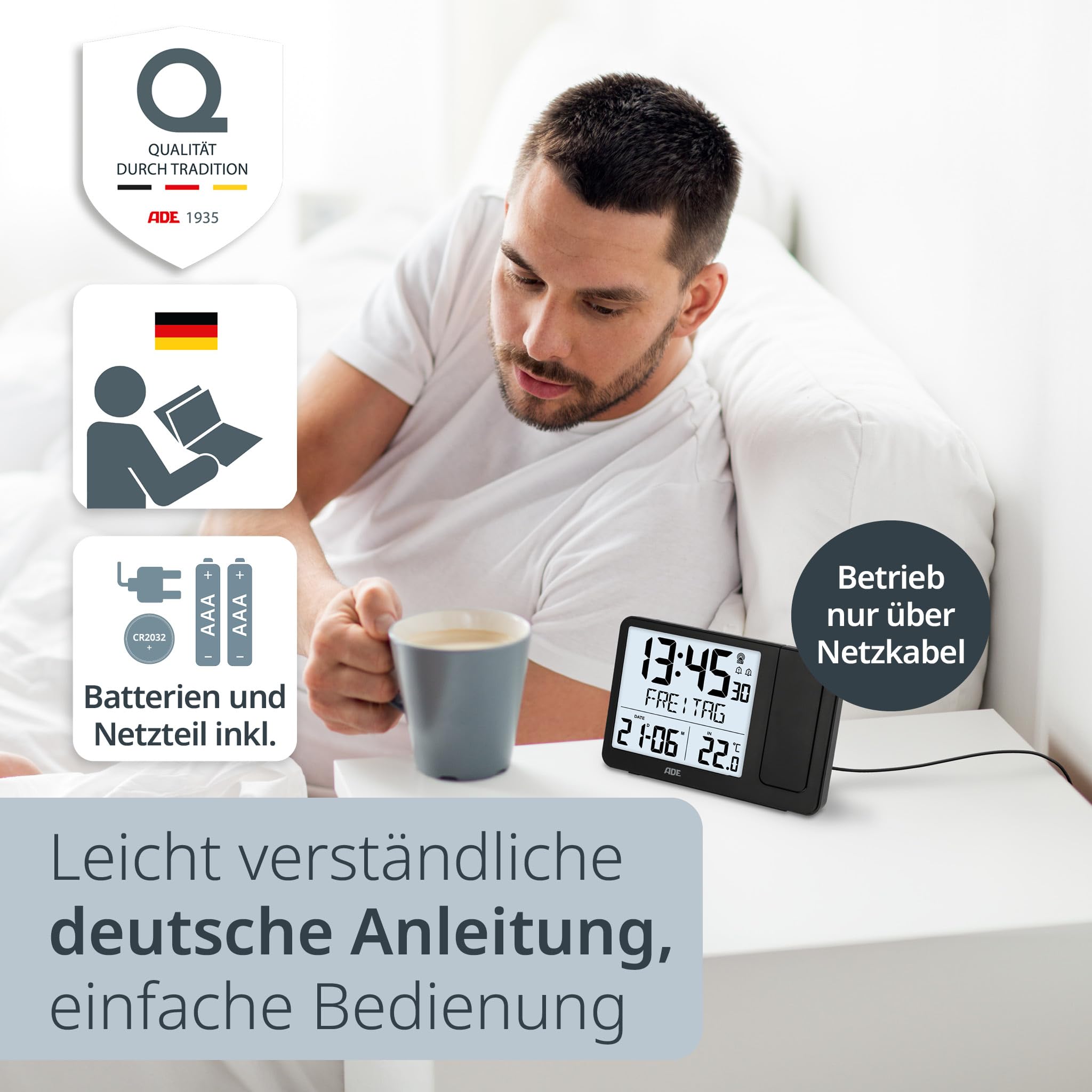 ADE Digitaler Funkwecker mit Projektion und Außensensor | Projektionswecker mit 2 Weckzeiten | Uhr mit Temperaturanzeige, Datum und Wochentag | inkl. Netzkabel | schwarz