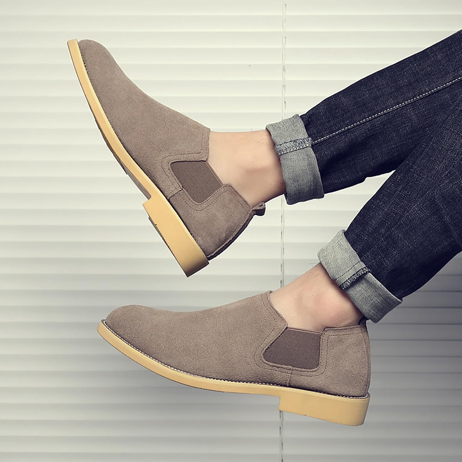 メンズ スリッポン チェルシー アンクルブーツ、ソフトで快適なスエードシューズ、ヌバックレザーラウンドトゥブーツ, グレー, 9