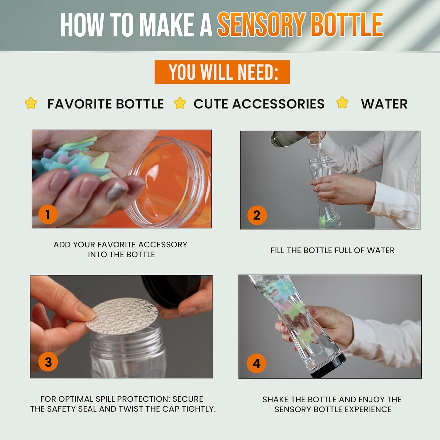 Sensory Bottle Kit – 8 Leakproof 10 oz Plastic Bottles with Caps – Calm Down Bottle DIY Sensory Bottles Empty – Multisensory Tools for Mindfulness Focus - Sensory Kit (Flex Kit) - Image 5