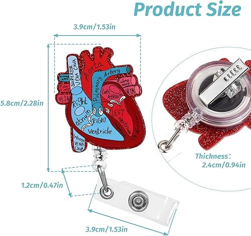 Miniatura 2 de Dimeho Soporte para tarjeta de identificación con carrete retráctil de corazón, clip para tarjeta de identificación, anatomía, divertido soporte