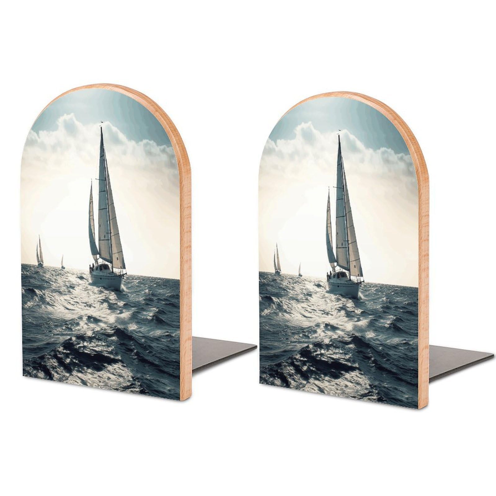Ocean Sailing Bookend Wood Book End for Shelves Heavy Duty Non-Slip Wooden Bookend Support Universal Economy Bookends Fancy Modern Decorative Book Accessories 1 Pairs