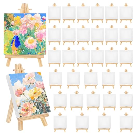 34 Pcs 4x4 Inch Mini Canvases with Easels, Stretched Painting Canvas Panels for Acrylic Oil Watercolor Art, Crafts, Birthday Party Gifts and Beginners
