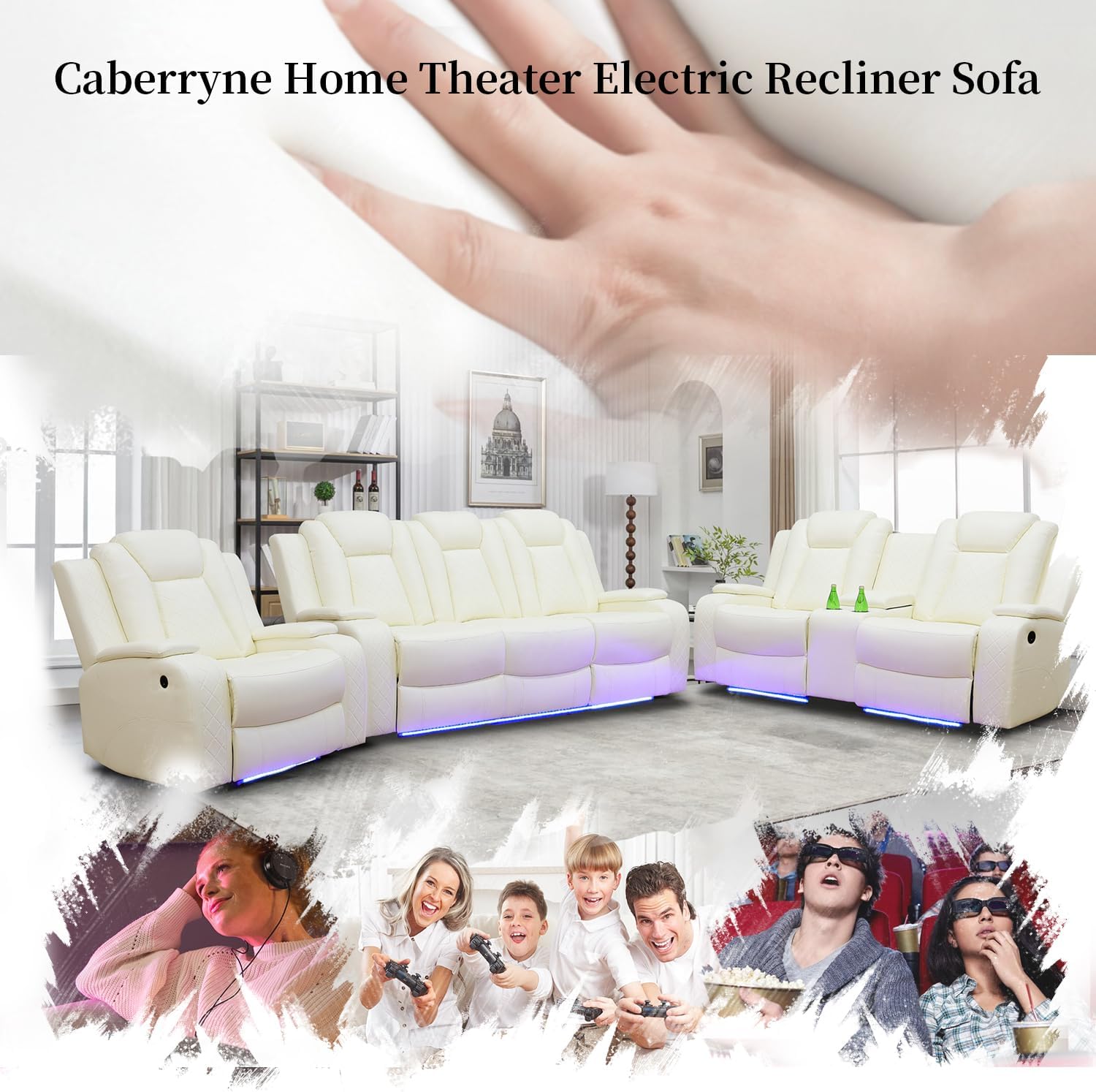 Power Recliner Sofa Set with LED Lights,Leather Reclining Sofa with USB Port/Storage Console/Cup Holder,Living Room Furniture Set for House/Home Theater(3 Piece Set,Creamy)