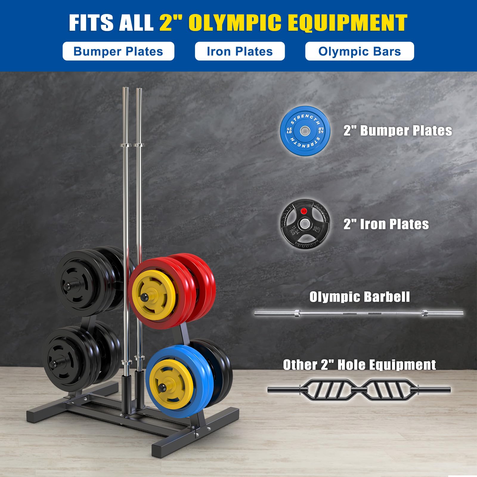 Kipika Gewichtsscheibenständer, Halter für 5 cm Olympia-Scheiben & 2 Langhantelhalter, robuster Bumper-Platten-Organizer für Heim-Fitnessstudio mit optionalen Rollen (A-Schwarz, ohne Rollen, 360 kg)